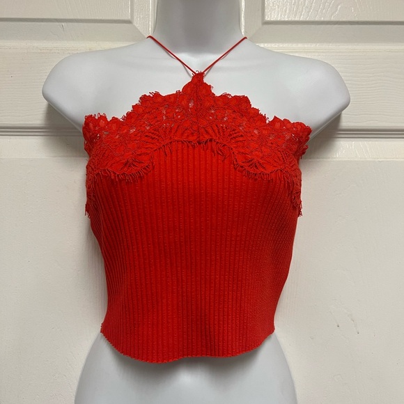 Zara Red Intense Lace Ribbed Cropped Top - Picture 8 of 10
